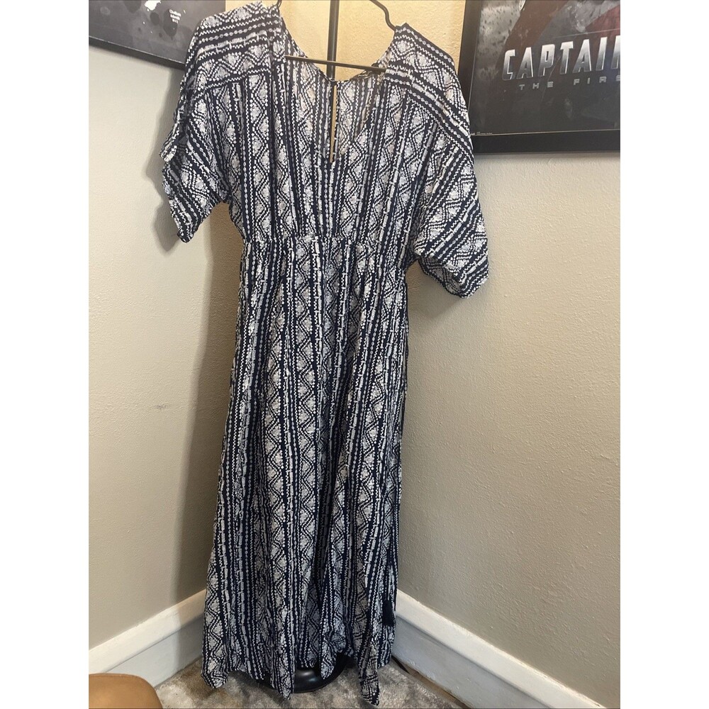 AaKaa Boho Maxi Dress Blue White V Neck Flowy Festival Wome's Size Medium